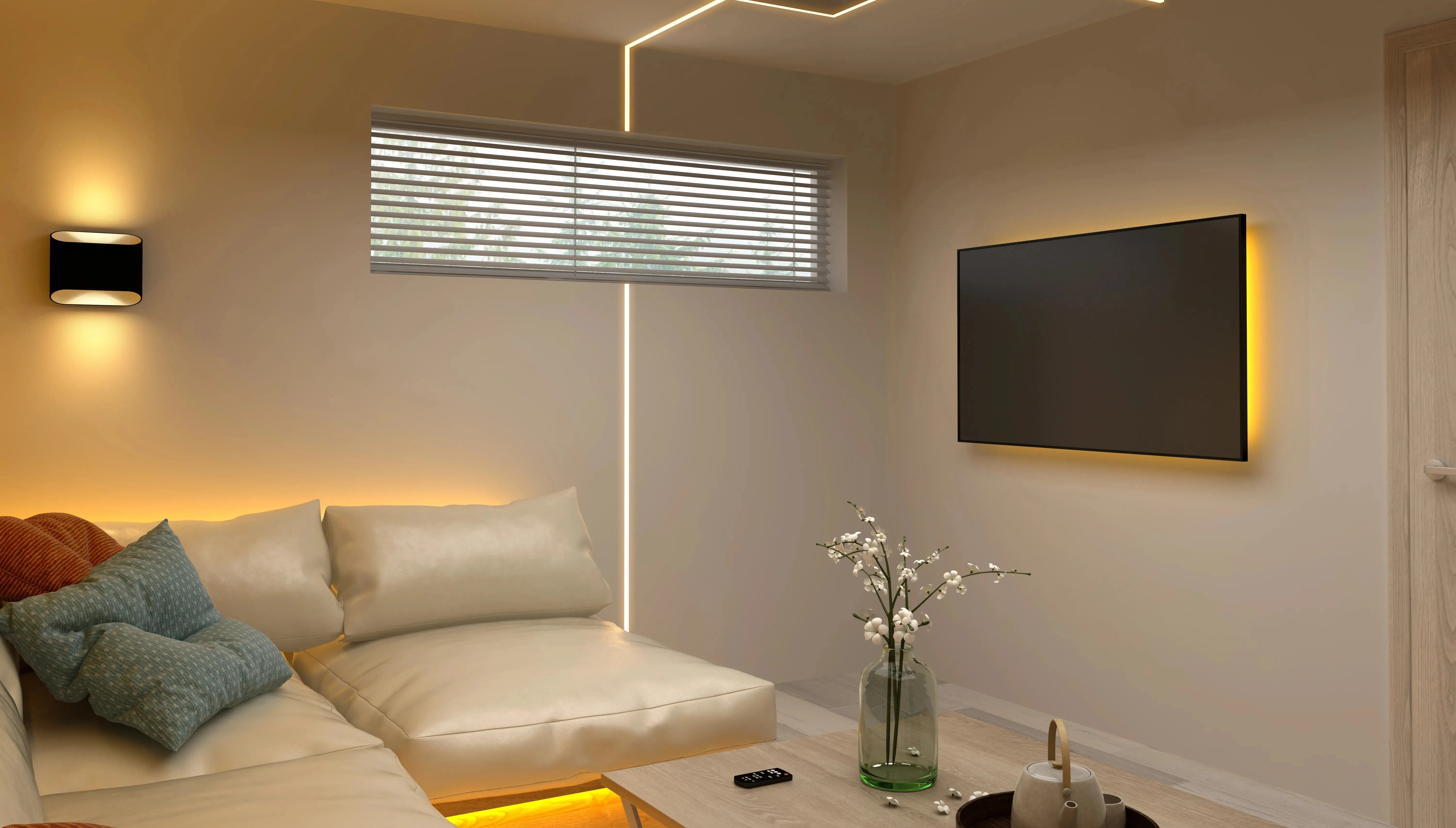 Moderná obývačka s béžovou sedačkou, TV na stene a geometrickým lineárnym LED osvetlením v napínacom strope.