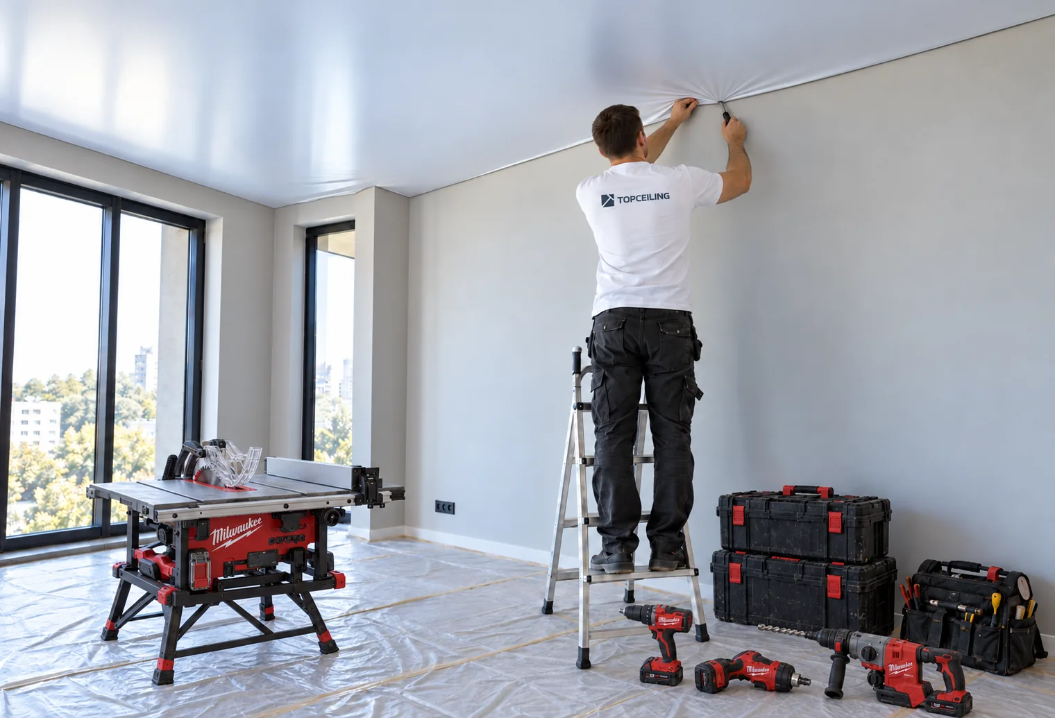 Montér s logom TOPCEILING na rebríku napína lesklý biely strop, na podlahe prekrytej fóliou je pripravené náradie.