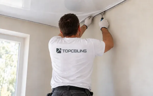 Montér s logom TOPCEILING zachytáva lesklú fóliu napínaného stropu do obvodového profilu.